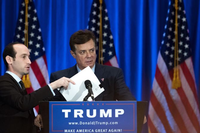 Manafort checks the podium before then-presidential candidate Trump speaks at an event at Trump SoHo Hotel on June 22, 2016, in New York City. <br />