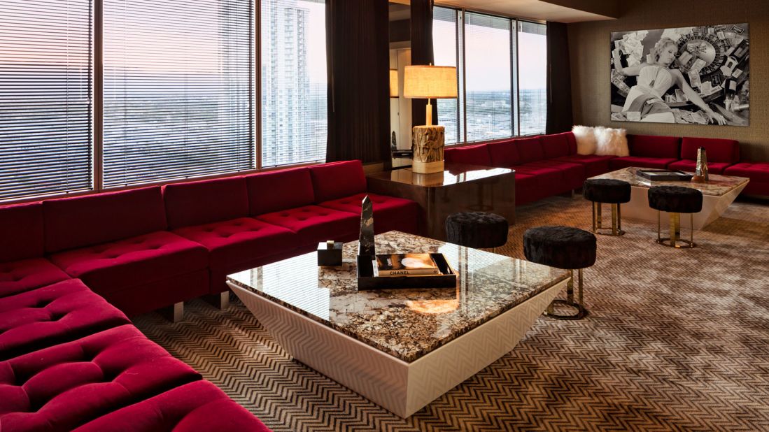<strong>Extreme WOW Suite at W Las Vegas:</strong> The suite is adorned with red velvet couches, sleek marble furniture, original artwork and a grand piano.