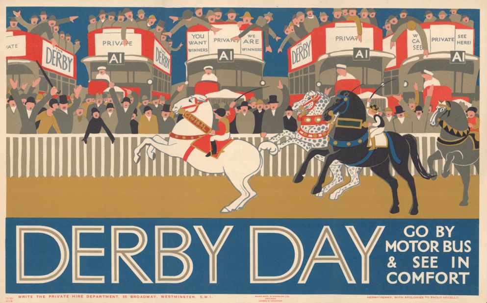 A new exhibition "Poster Girls -- A Century of Art and Design" has opened at London's Transport Museum. It's focus is poster artworks by female designers from the 1900s until present day. Below is "The Derby Day" poster by Heather Perry. 