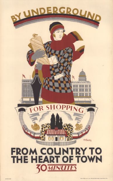Advertising for "leisure-time pursuits" made more accessible by using London Underground. Artist Batty often depicted women in the latest fashion designs, reflective of her interest in the industry. 