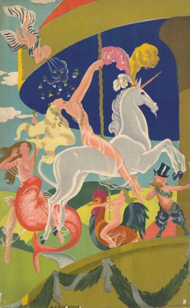 An example of one half of a "pair poster," where two posters could be displayed either individually or together to form a bigger image. Anna Zinkeisen was known for her mural-like paintings. 