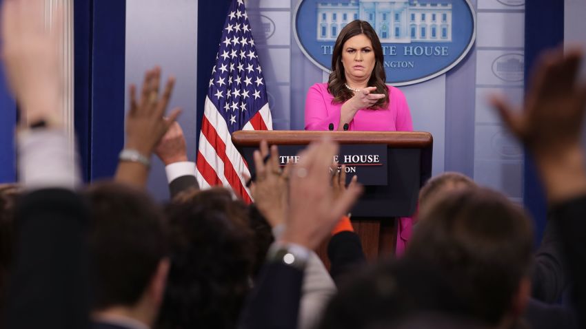 WASHINGTON, DC - OCTOBER 30:  White House Press Secretary Sarah Huckabee Sanders answers reporters' questions during a news conference in the Brady Press Briefing Room at the White House October 30, 2017 in Washington, DC. Former Trump campaign manager Paul Manafort and his ex-business partner Rick Gates turned themselves in to federal authorities Monday in relation to the special counsel's investigation into Russian influence in the 2016 election.