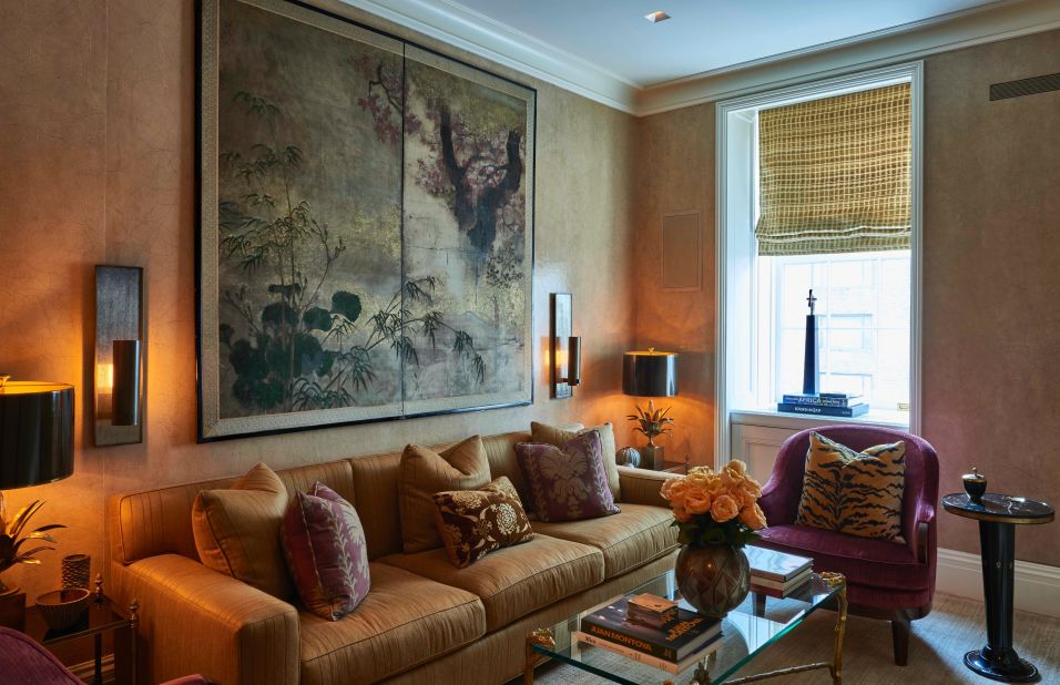 A Japanese screen print hangs in the media room of a luxury apartment in East Midtown.