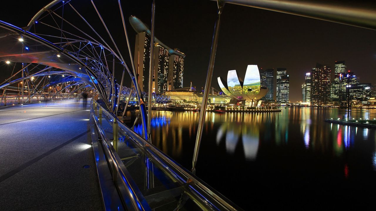  A general view of the Helix Bridge, Marina Bay Sands, ArtScience Museum and the central business district skyline on March 28, 2012 in Singapore.