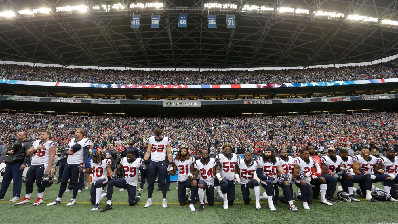 Members of the NFL's Houston Texans kneel during the National Anthem in Seattle on Sunday, October 29. Many Texans were upset with team owner Bob McNair, who had <a href="http://www.espn.com/espn/otl/story/_/id/21170410/gaffes-tv-ratings-concerns-dominated-nfl-players-forged-anthem-peace-league-meetings" target="_blank" target="_blank">been quoted by ESPN</a> as saying that the league shouldn't have "inmates running the prison" over<a href="http://www.cnn.com/interactive/2017/09/us/nfl-anthem-protests-cnnphotos/" target="_blank"> anthem protests.</a> McNair <a href="https://www.si.com/nfl/2017/10/27/houston-texans-bob-mcnair-nfl-protests-inmates" target="_blank" target="_blank">later apologized</a> for using those words, saying it was a figure of speech not intended to be taken literally or to refer to players.