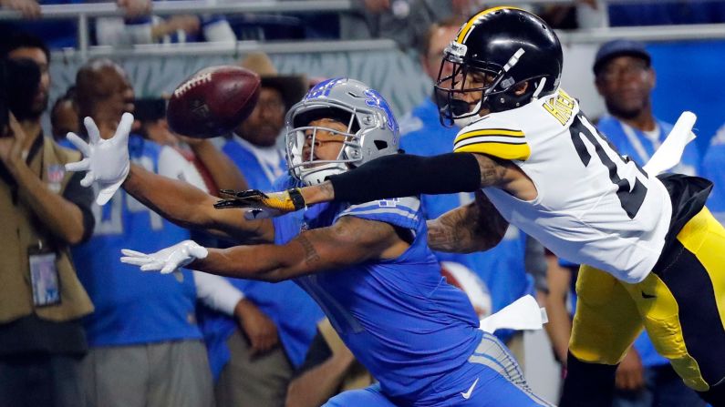 Pittsburgh cornerback Joe Haden, right, deflects a pass intended for Detroit's Marvin Jones Jr. during an NFL game in Detroit on Sunday, October 29.