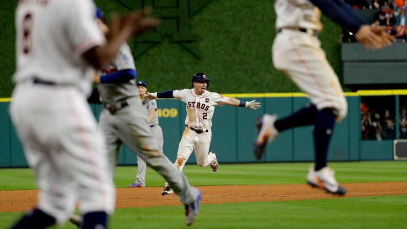 Houston's Alex Bregman celebrates <a target="_blank" target="_blank">his game-winning hit</a> in Game 5 of the World Series on Monday, October 30. Bregman brought home Derek Fisher in the bottom of the 10th to give the Astros a 13-12 victory and a 3-2 series lead over the Los Angeles Dodgers.
