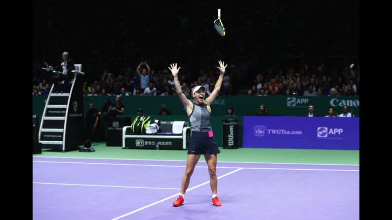 Caroline Wozniacki celebrates after she defeated Venus Williams in Singapore <a href="index.php?page=&url=http%3A%2F%2Fwww.cnn.com%2F2017%2F10%2F29%2Ftennis%2Fcaroline-wozniaki-beats-venus-williams-wta-finals-singapore%2Findex.html" target="_blank">to win the WTA Finals</a> on Sunday, October 29. It was the first time she had beaten Williams in her career. She had lost their previous seven matches.