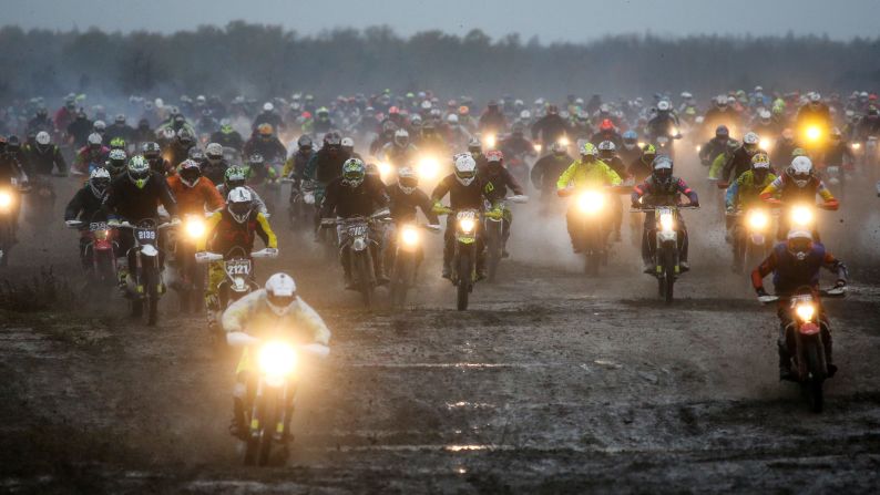 Competitors race in the Gotland Grand National, a motorbike race in Gotland, Sweden, on Saturday, October 28.