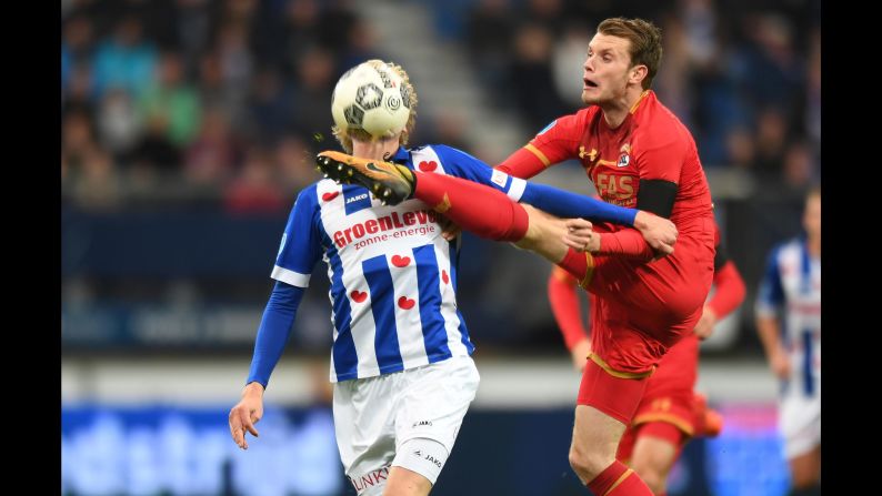AZ Alkmaar's Thomas Ouwejan kicks the ball near Heerenveen's Morten Thorsby during a Dutch league match in Heerenveen on Sunday, October 29.
