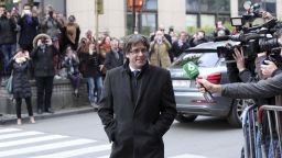 Sacked Catalonian President Carles Puigdemont arrives for a press conference in Brussels, Tuesday, Oct. 31, 2017. Puigdemont arrived in Brussels on Monday, the same day that Spanish prosecutors announced they were seeking rebellion, sedition and embezzlement charges against deposed Catalan officials, including the ex-regional leader. (AP Photo/Olivier Matthys)