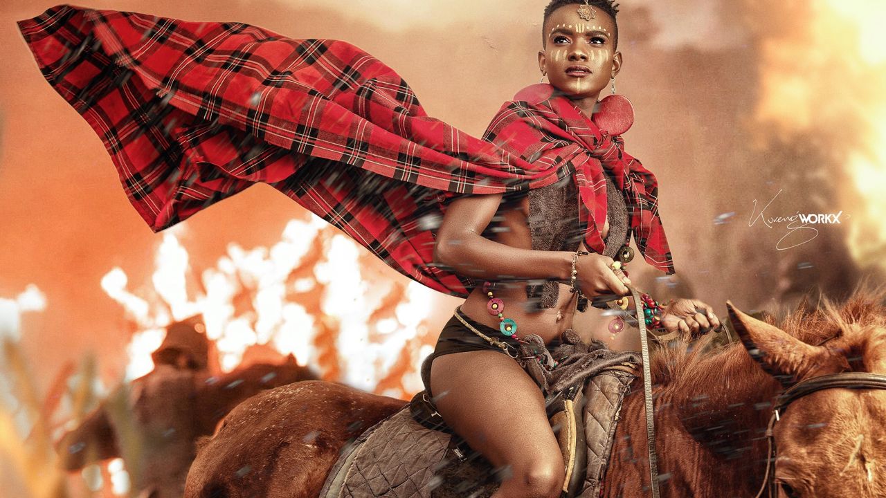 In this reimagination, a fearless Mekatilili is pictured readying for battle, defying the age-long patriarchal norms in Kenyan (and generally, African) societies. Women were not known to be headstrong during that time, but Mekatilili could not be silent about the colonial oppression in her community. While celebrating her achievements, Kenyan newspaper, Daily Nation, described her as the "mad woman who rattled the British."