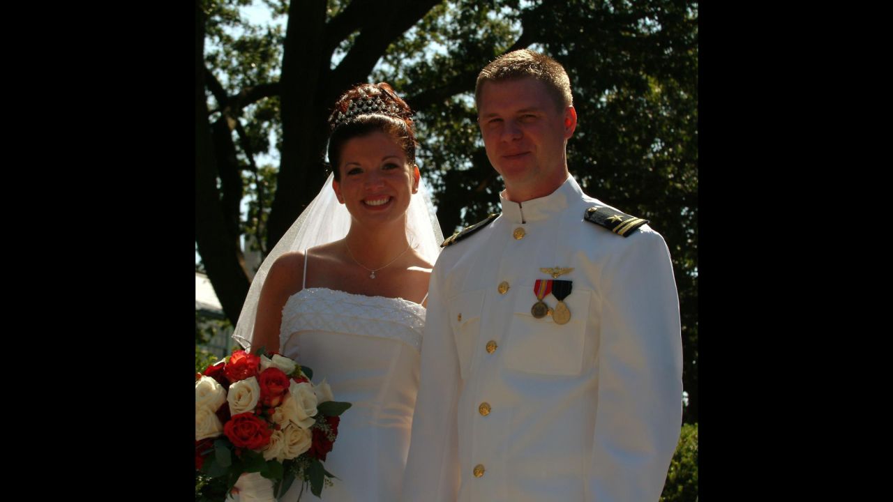 Theresa and Landon Jones celebrate their wedding day in 2003 at the US Naval Academy.