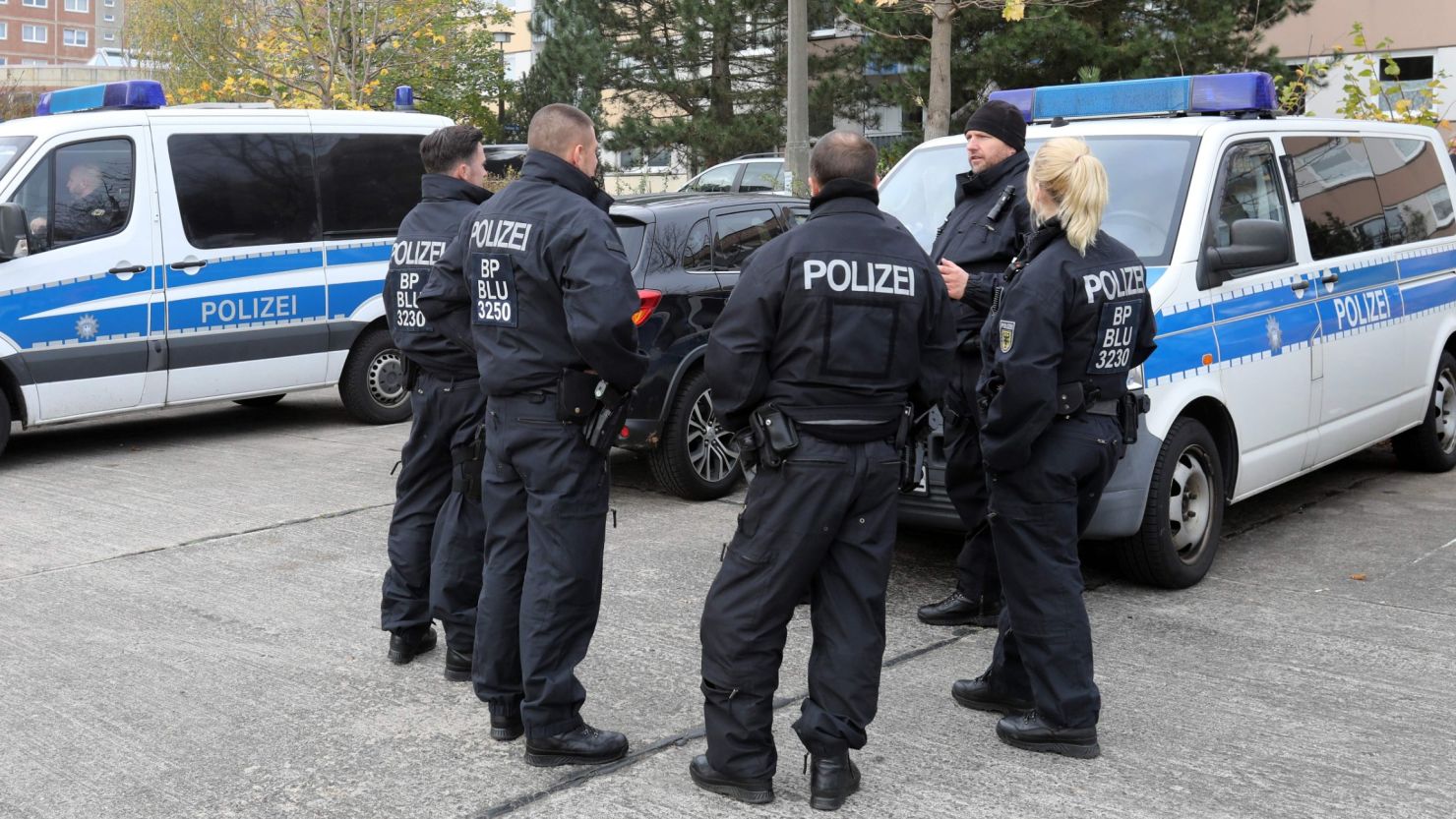 Police officers outside an apartment block in Schwerin on Tuesday. 