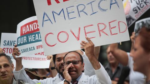 Demonstrators protest changes to the Affordable Care Act  on June 22, 2017 in Chicago, Illinois.