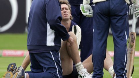 Glenn McGrath of Australia after hurting himself in training before day one of the secon Test in 2005.