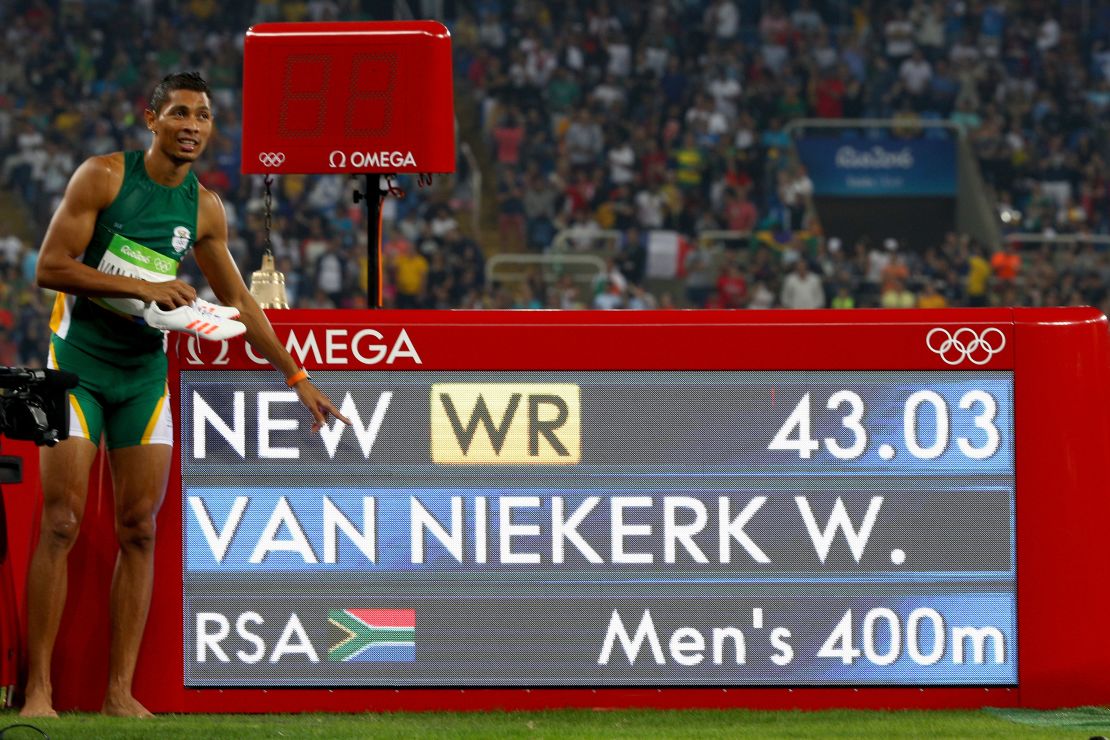 Wayde van Niekerk is pictured after setting new 400m world record of 43.03 secs.