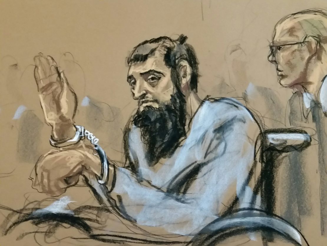 An artist's sketch shows suspect Sayfullo Saipov making his first court appearance Wednesday.