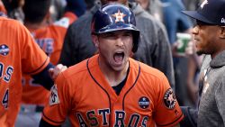 LOS ANGELES, CA - NOVEMBER 1:  Alex Bregman #2 of the Houston Astros reacts to scoring a run in the first inning during Game 7 of the 2017 World Series against the Los Angeles Dodgers at Dodger Stadium on Wednesday, November 1, 2017 in Los Angeles, California. (Photo by LG PattersonMLB Photos via Getty Images) 
