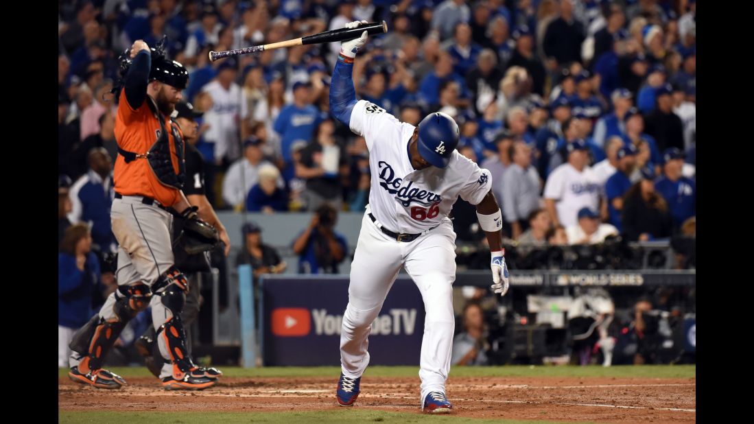 Puig reacts after flying out in the third inning.
