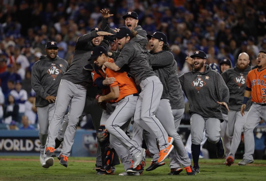 The Houston Astros celebrate after defeating the Los Angeles Dodgers 5-1 in Game 7 of the World Series on Wednesday, November 1. It is the first time the Astros have won the World Series.