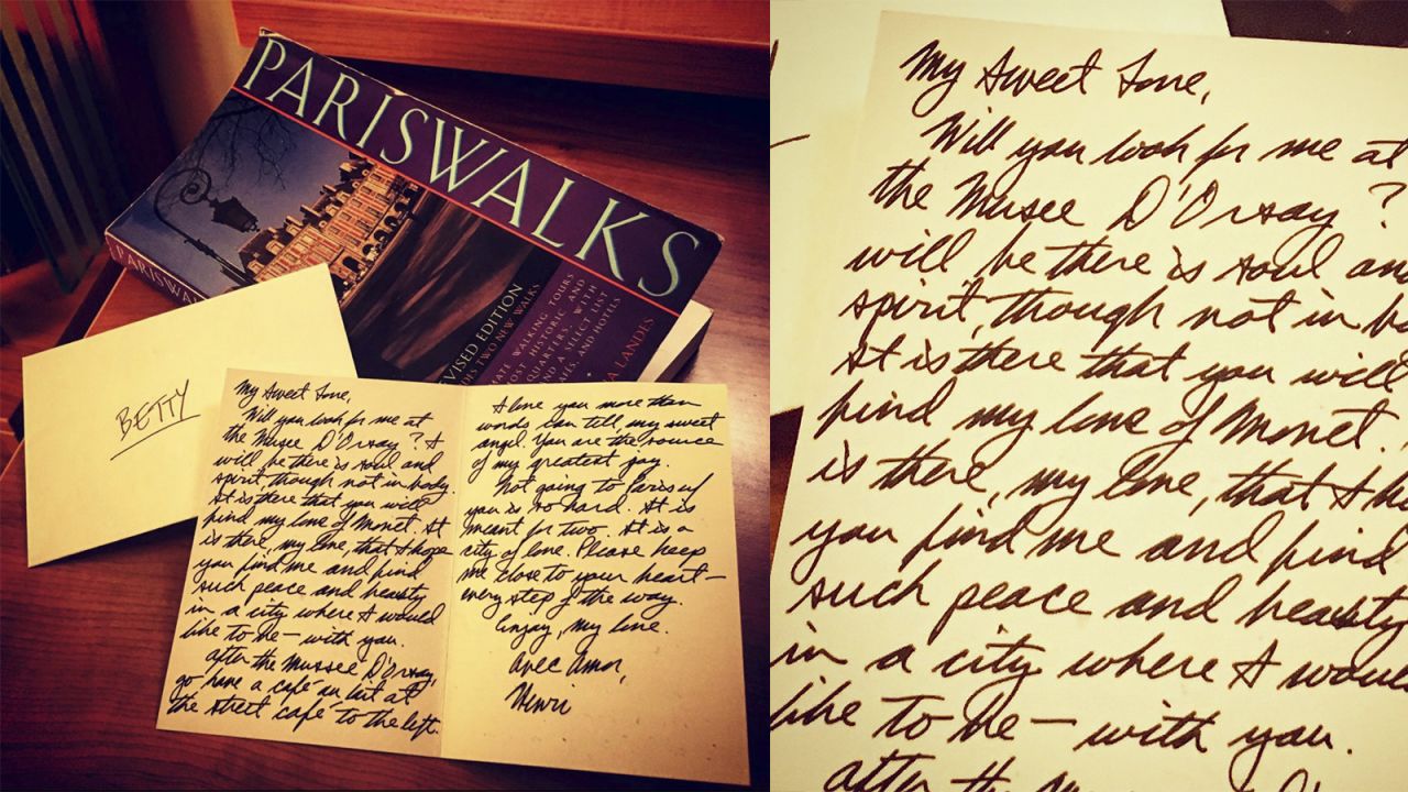 <strong>A mysterious Parisian love letter:</strong> "It all started in Paris," filmmaker Doug Block tells CNN Travel. He was on vacation there with his wife, a romantic celebration of their 30th wedding anniversary. Walking along the Seine, the couple opened their second-hand copy of "Paris Walks" -- "Out pops this envelope with the name 'Betty' on it; it just fluttered to the floor, almost in slow motion," recalls Block. <em>Pictured here: The letter, the envelope and the guidebook</em>