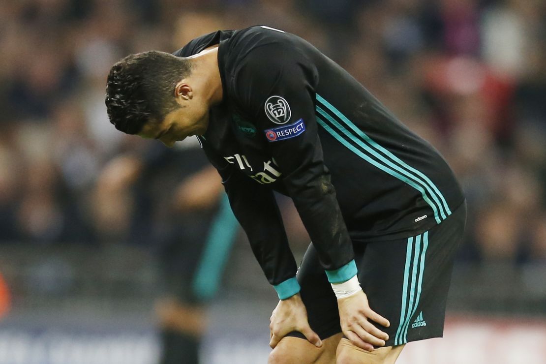 Real Madrid's Cristiano Ronaldo reacts after missing a shot on goal in the Champions League against Spurs.