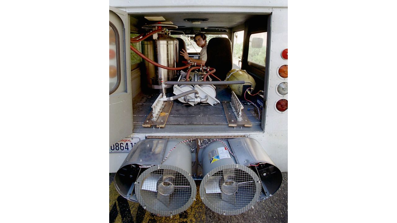 This liquid nitrogen-powered vehicle has an insulated tank to hold the liquid nitrogen and two fans at the rear of the vehicle that draw air through heat exchangers. Once the high-pressure nitrogen reaches room temperature it drives a piston engine in the front of the vehicle. <br /><br />It was built at the Department of Aeronautics and Astronautics at the University of Washington in 1997.  <br />