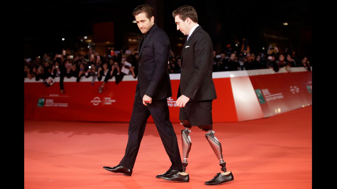 Actor Jake Gyllenhaal, left, and author Jeff Bauman walk the red carpet at the Rome Film Fest on Saturday, October 28. In the new movie "Stronger," Gyllenhaal plays Bauman, who lost his legs in the Boston Marathon bombing. The film is based on Bauman's memoir.
