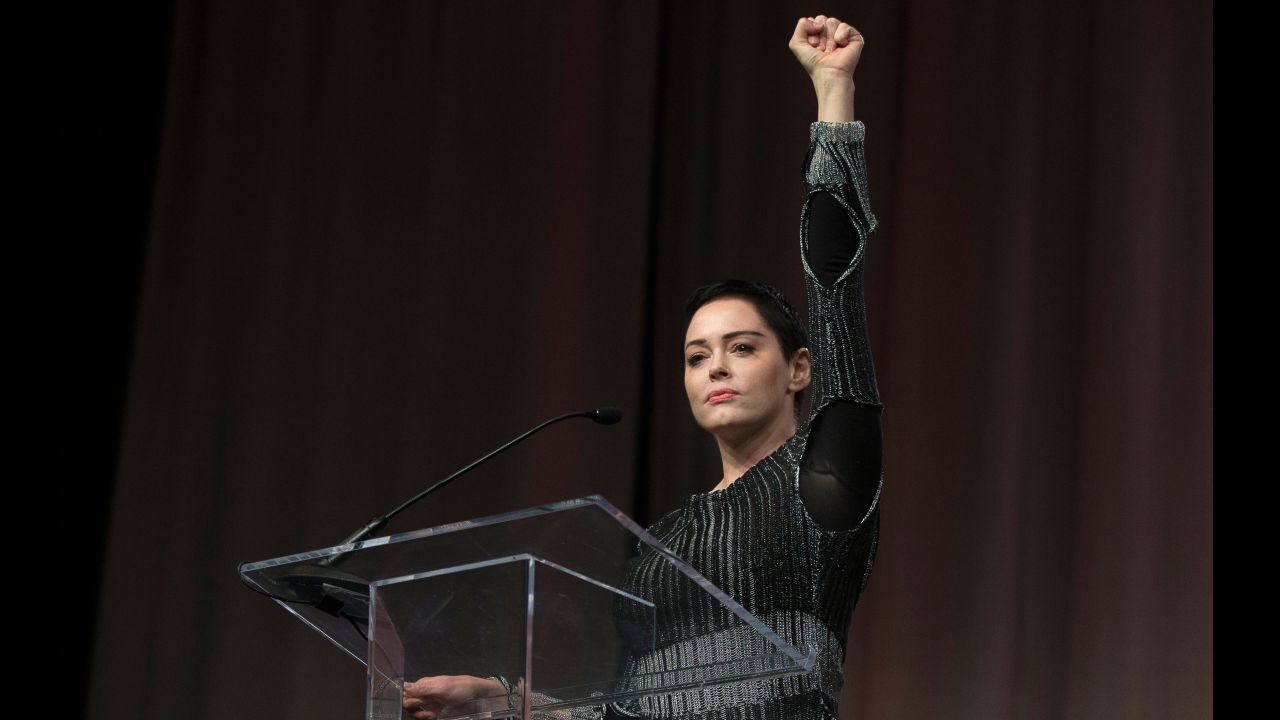 Actress Rose McGowan raises her fist during <a href="http://www.cnn.com/2017/10/27/entertainment/rose-mcgowan-womens-convention/index.html" target="_blank">a rousing speech</a> at The Women's Convention in Detroit on Friday, October 27. It was McGowan's first public appearance since charges of sexual harassment came to light weeks ago against Hollywood mogul Harvey Weinstein. McGowan is one of dozens of women who have accused Weinstein of inappropriate behavior, including harassment and sexual assault. Weinstein, through his spokesperson, has denied "any allegations of non-consensual sex."