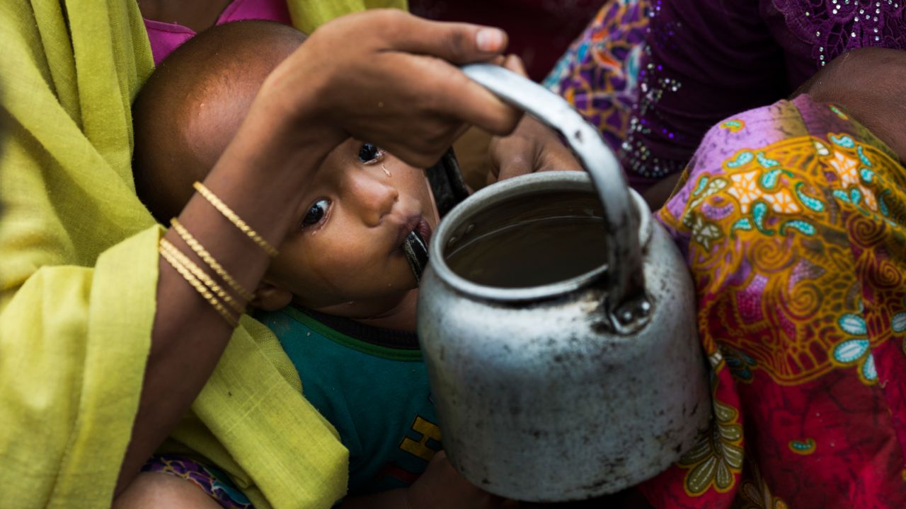 A crying Rohingya Muslim child drinks water from a kettle as refugees wait for permission to move toward camps near Palong Khali, Bangladesh, on Thursday, November 2. More than 500,000 Rohingya have fled Myanmar since late August, creating "a humanitarian and human rights nightmare," according to Antonio Guterres, secretary-general of the United Nations. <a href="http://www.cnn.com/interactive/2017/10/world/rohingya-refugees-cnnphotos/" target="_blank">Photos: A new life for the Rohingya</a>