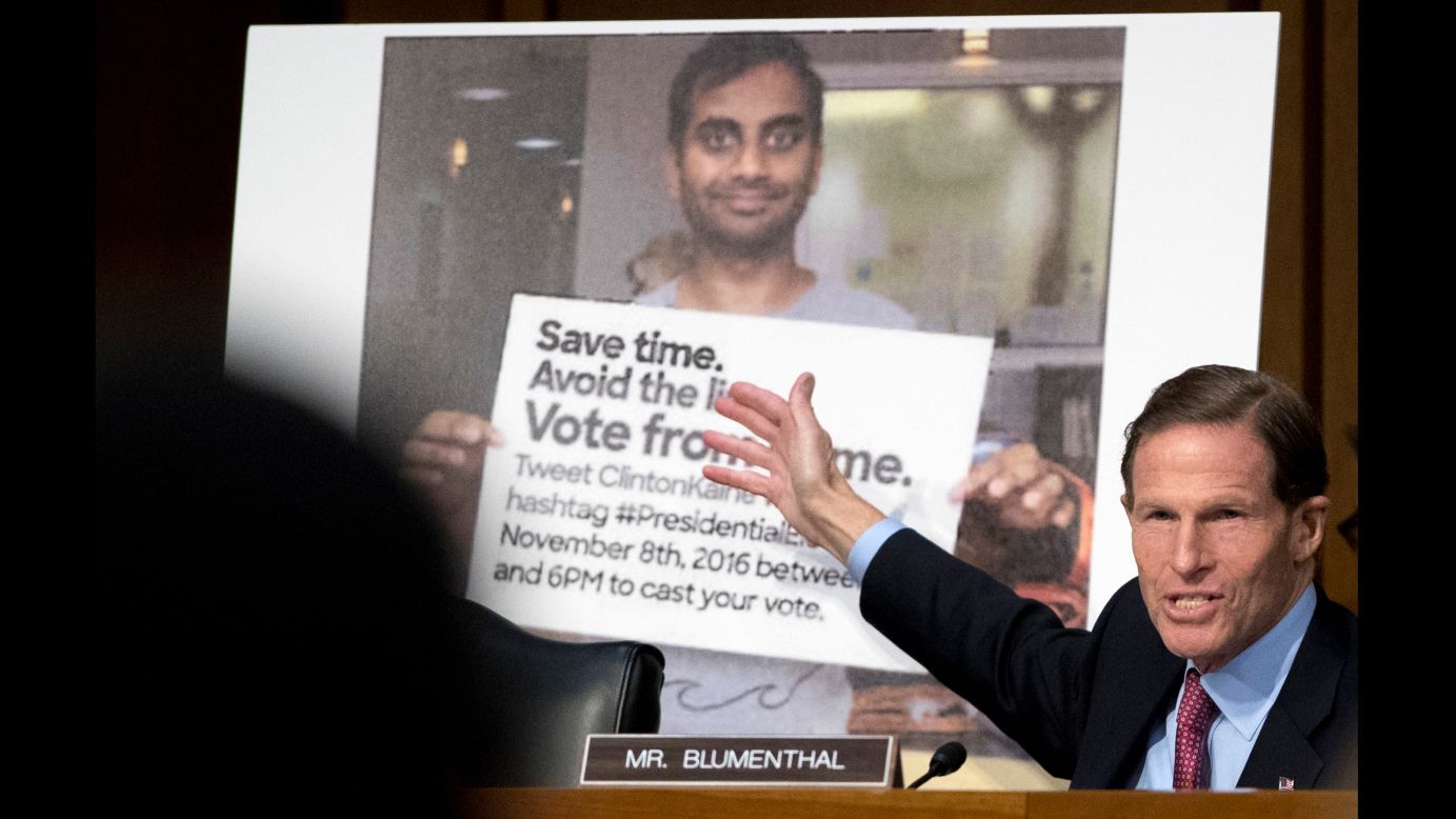 US Sen. Richard Blumenthal speaks next to a digitally altered photo featuring comedian Aziz Ansari on Tuesday, October 31. <a href="https://www.avclub.com/russian-hackers-used-a-secret-weapon-aziz-ansari-1820076677" target="_blank" target="_blank">The fake photo</a> appeared online before last year's presidential election and told people that they could vote for Hillary Clinton from home via Twitter.<a href="http://money.cnn.com/2017/11/01/media/facebook-twitter-google-russia-senate-house-intelligence-committees/index.html" target="_blank"> Lawmakers grilled Silicon Valley giants this week</a> over the role that their platforms inadvertently played in Russia's meddling in US politics.