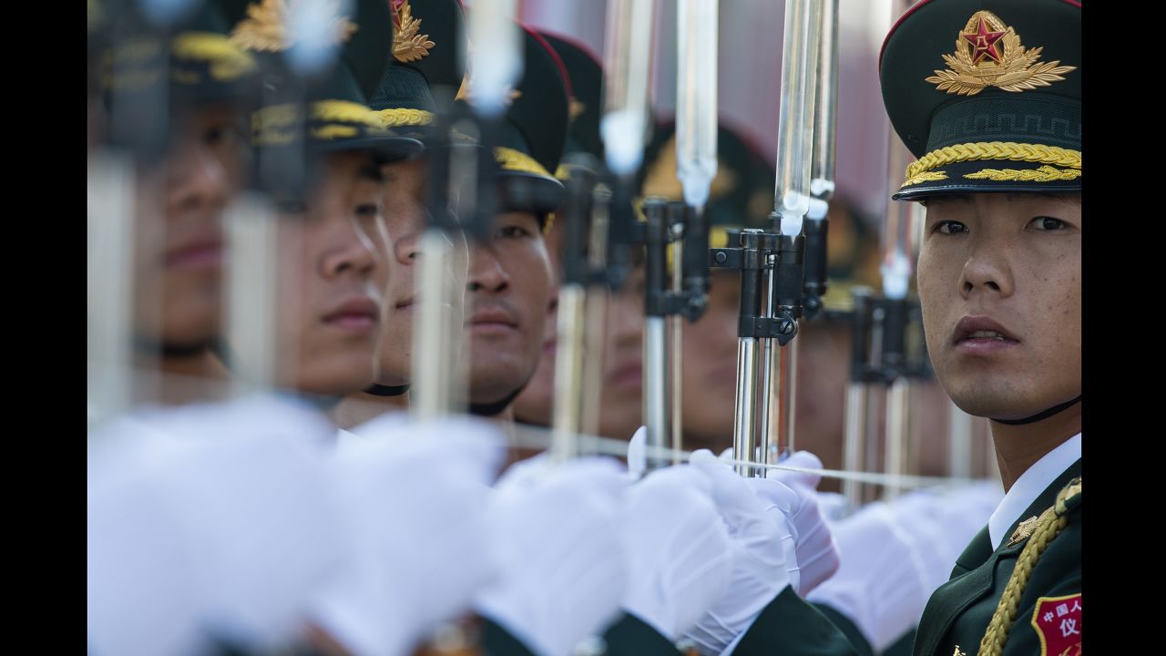 A Chinese honor guard prepares for a welcoming ceremony as Russian Prime Minister Dmitry Medvedev visited Beijing on Wednesday, November 1.