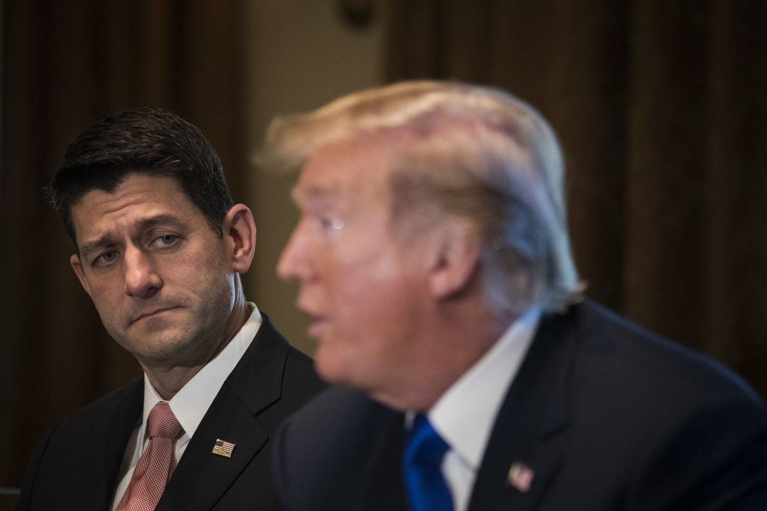 House Paul Ryan looks on as President Donald Trump speaks about tax reform legislation during a meeting with members of the House Ways and Means Committee in the Cabinet Room at the White House, November 2, 2017 in Washington, DC.  
