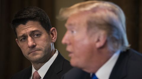 House Paul Ryan looks on as President Donald Trump speaks about tax reform legislation during a meeting with members of the House Ways and Means Committee in the Cabinet Room at the White House, November 2, 2017 in Washington, DC.
