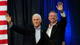 ABINGDON, VA - OCTOBER 14:  U.S. Vice President Mike Pence, left, and gubernatorial candidate Ed Gillespie, R-VA, wave during a campaign rally at the Washington County Fairgrounds on October 14, 2017 in Abingdon, Virginia.  Virginia voters head to the polls on Nov. 7. (Photo by Sara D. Davis/Getty Images)