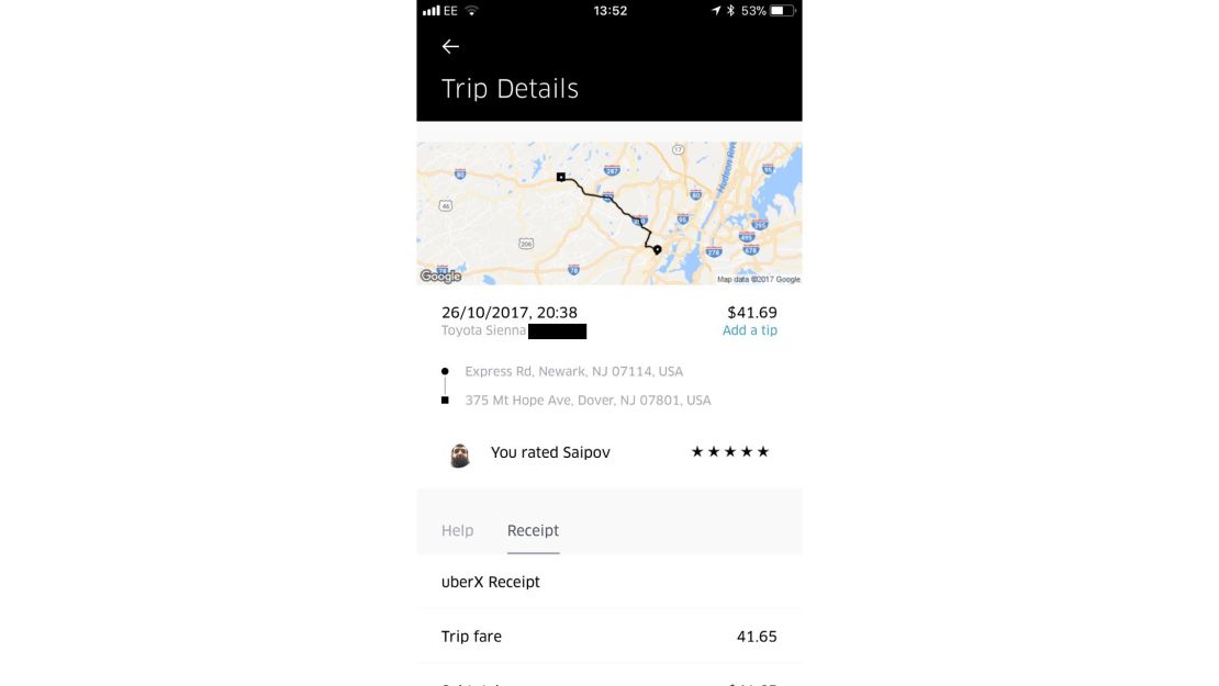 Damian Erskine's Uber receipt. CNN has obscured the driver's license plate number. 