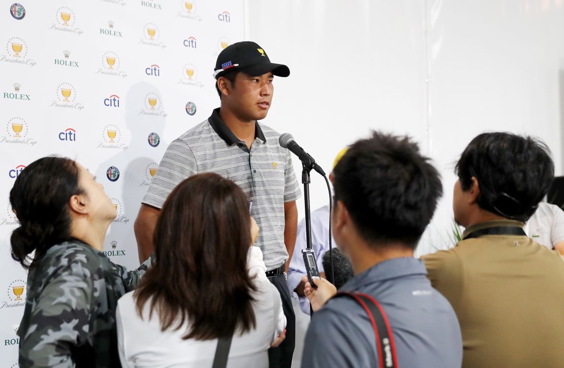 Hideki Matsuyama talks to the media at the Presidents Cup in September. 