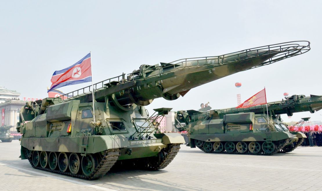 File photo taken in April 2017 shows a ballistic missile on display during a military parade in Pyongyang, North Korea.
