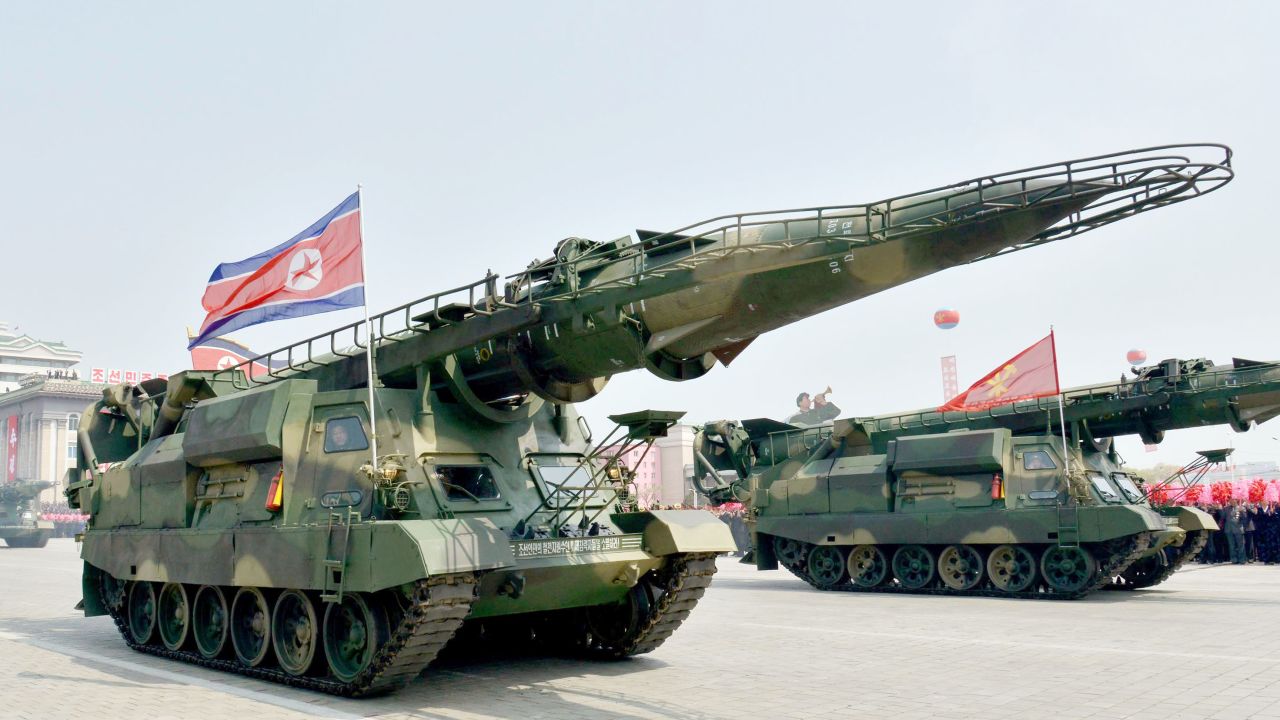 File photo taken in April 2017 shows a ballistic missile on display during a military parade in Pyongyang, North Korea.