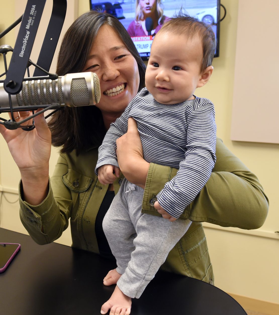 Boston City Councilor Michelle Wu and her baby, 11-week-old Cass, on Herald radio October 3, 2017.