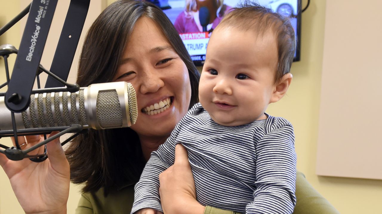 Boston City Councilor Michelle Wu and her baby, 11-week-old Cass, on Herald radio October 3, 2017.