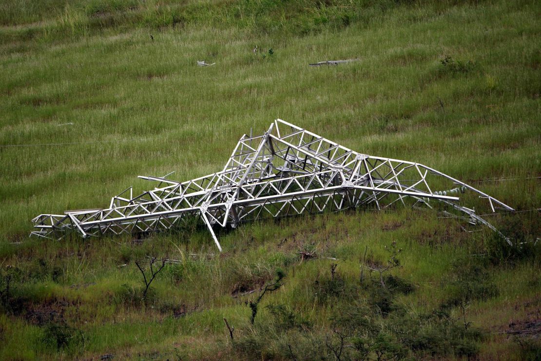 Hurricame Maria smashed Puerto Rico's transmission network, including this power tower near Guayama.