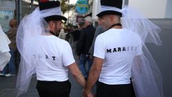 SAN FRANCISCO, CA - JUNE 26:  Same-sex marriage supporters wear just married shirts while celebrating the U.S Supreme Court ruling regarding same-sex marriage on June 26, 2015 in San Francisco, California. The high court ruled that same-sex couples have the right to marry in all 50 states.  (Photo by Justin Sullivan/Getty Images)