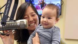 (100317  - Boston, MA) City Councilor Michelle Wu and her new baby, 11 week old Cass on Herald radio Tuesday, October 3, 2017.  Staff Photo by Arthur Pollock
