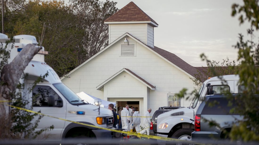 Investigators work at the scene of a mass shooting at the First Baptist Church in Sutherland Springs, Texas, on Sunday, November 5. A man opened fire inside the small community church, killing at least 26 people.