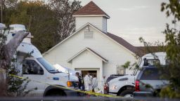 Investigators work at the scene of a mass shooting at the First Baptist Church in Sutherland Springs, Texas, on Sunday Nov. 5, 2017. (Jay Janner/Austin American-Statesman via AP)/Austin American-Statesman via AP)