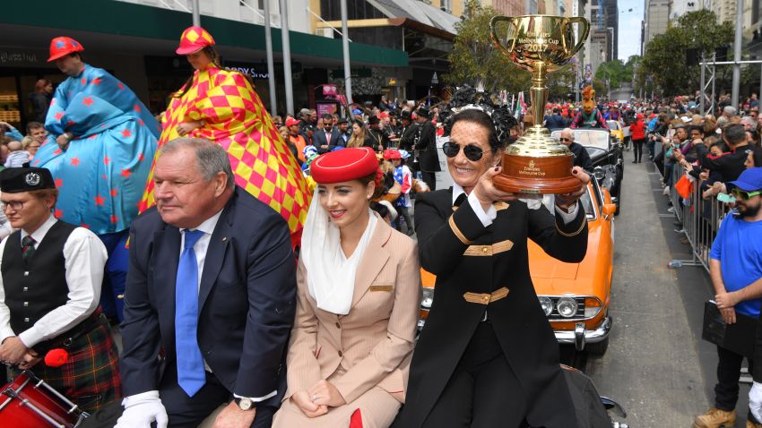 MELBOURNE, AUSTRALIA - NOVEMBER 06:  VRC Chairman Amanda Elliott  poses with The 2017 Melbourne Cup alongside Lord Mayor Robert Doyle during the 2017 Melbourne CupParade on November 6, 2017 in Melbourne, Australia.  (Photo by Vince Caligiuri/Getty Images)