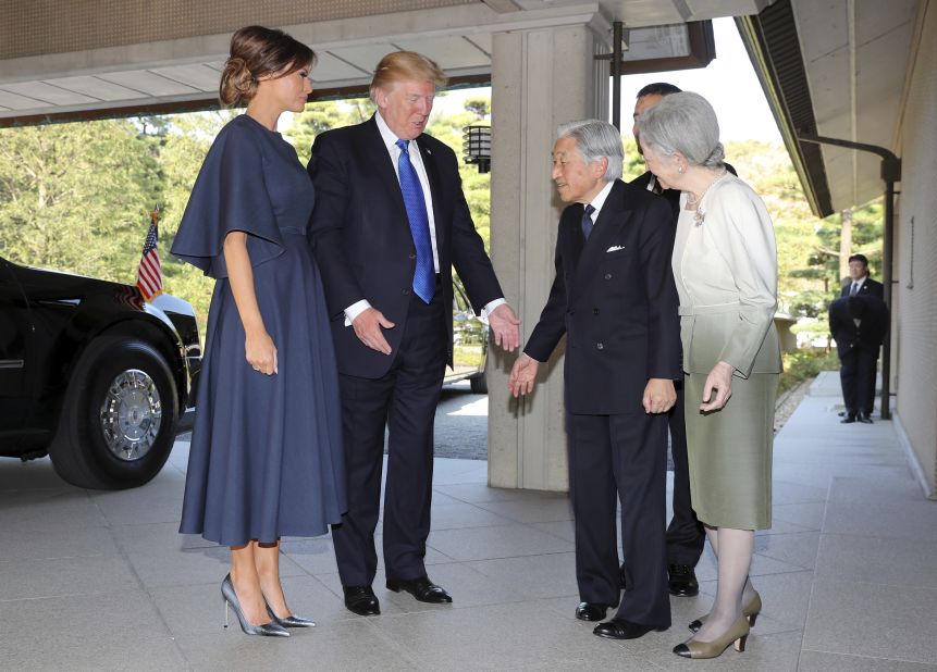 Akihito and Michiko greet US President Donald Trump and first lady Melania Trump as they arrive at the Imperial Palace in November 2017.