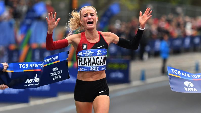 Shalane Flanagan crosses the finish line <a href="index.php?page=&url=http%3A%2F%2Fwww.cnn.com%2F2017%2F11%2F05%2Fsport%2Fshalane-flanagan-new-york-city-marathon-first-american-woman-40-years%2Findex.html" target="_blank">to win the New York City Marathon</a> on Sunday, November 5. It was the first time an American took the women's title since 1977.